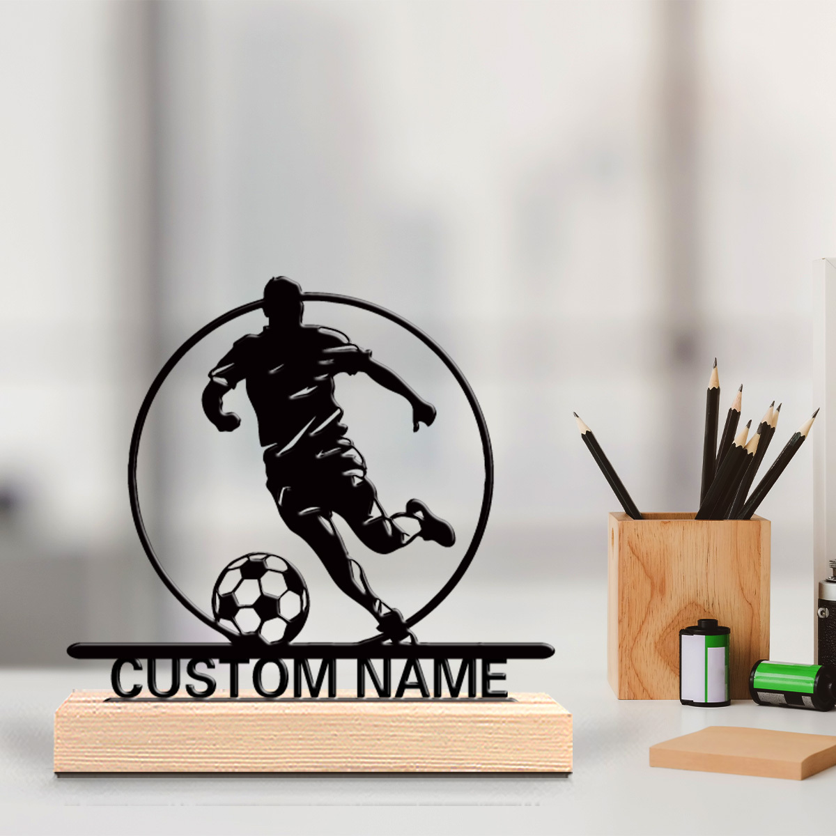 Desktop Laser Engraver - Personalisierte Fußballspieler-Metallstatue mit Namen, Holzsockel Tischdekoration,